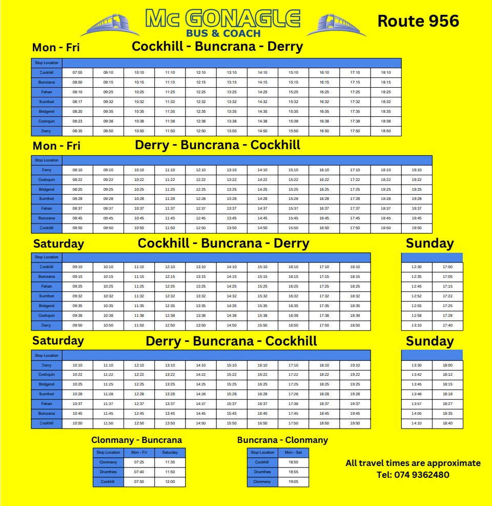 Cockhill Buncrana to Derry Bus timetable for McGonagle bus Buncrana